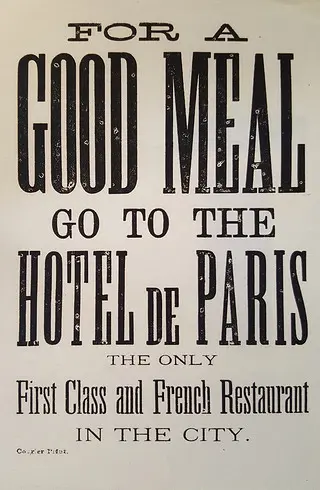 Advertisement produced by Louis Dupuy to encourage patrons to eat at the Hotel de Paris.  Credit: Priya Chhaya