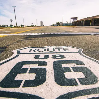 A Route 66 emblem in Adrian, Texas.