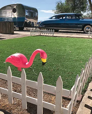 A plastic flamingo near Route 66.