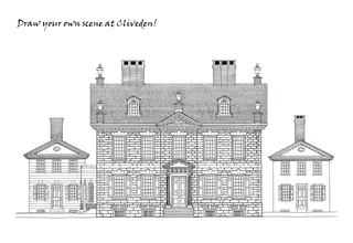 Image of one of Cliveden's activity sheets, which features a black and white sketch of the house to be colored in.