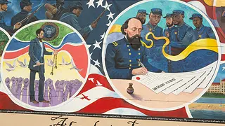 A detailed view of the mural Absolute Equality. These two circles feature Black soliders fighting for freedom, Abraham Lincoln removing shackles while hands are raised towards him, and the reading of General Order 3 in Galveston. 