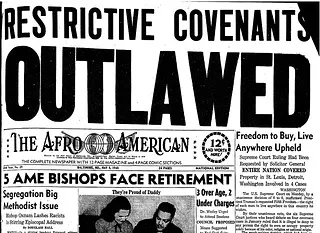 A scan of a headline that states the outlawing of restrictive covenants from the Afro American a Baltimore Newspaper. The paper is dated May 1948. 