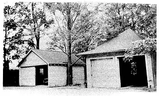 A black and white image of the garages at Chesterwood in Stockbridge, Massachussetts.